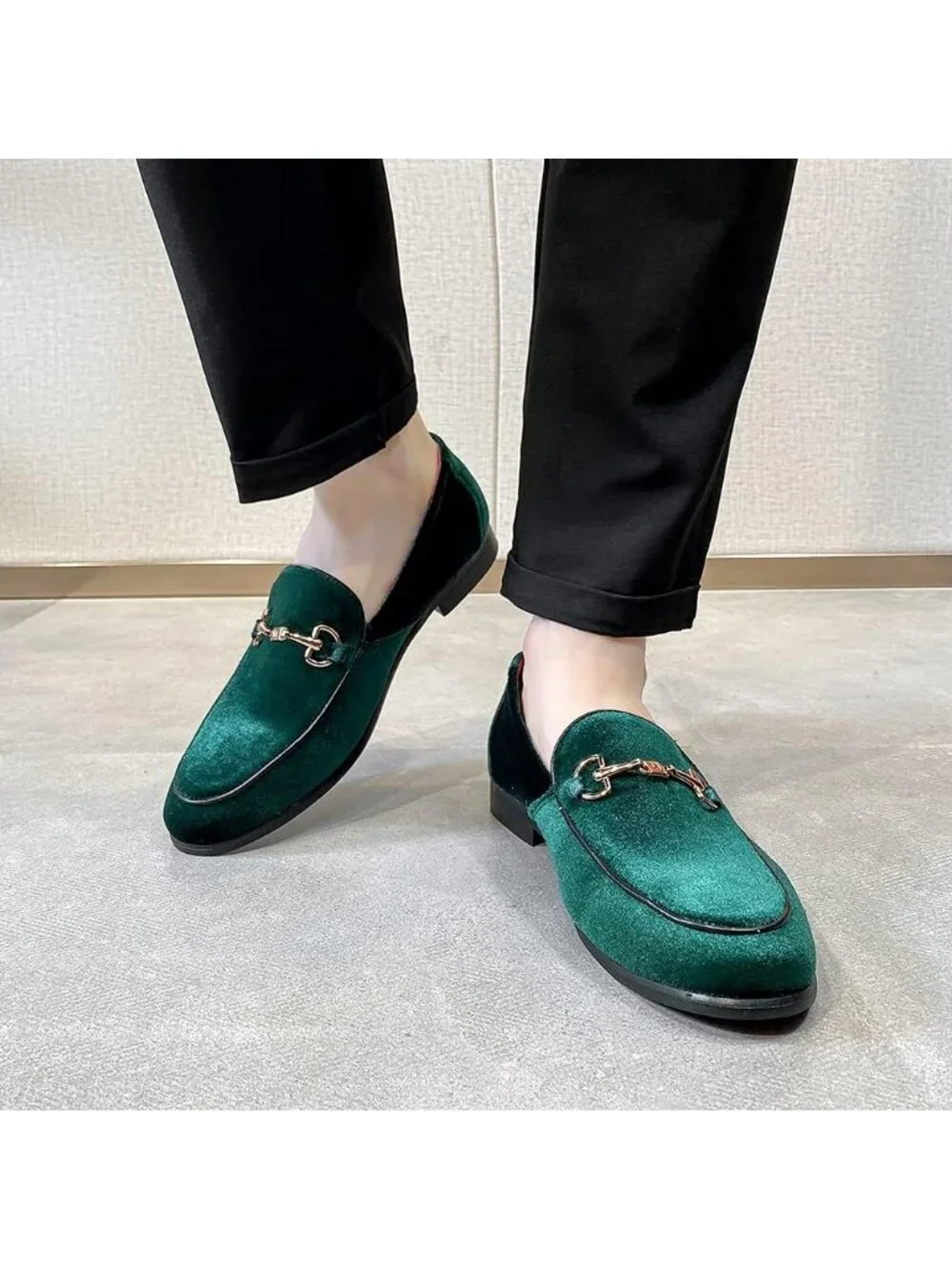 LCQL Men's Green Leather Velvet Loafer Gold Buckle Slip On Comfortable Shoes